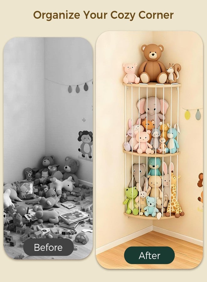 Feagar Three Tier Stuffed Animal Storage Wood Corner Plush Toys Holder, Adjustable Hanging Stuffed Animal Organizer Shelf for Nursery Playroom Bedroom - Image 3